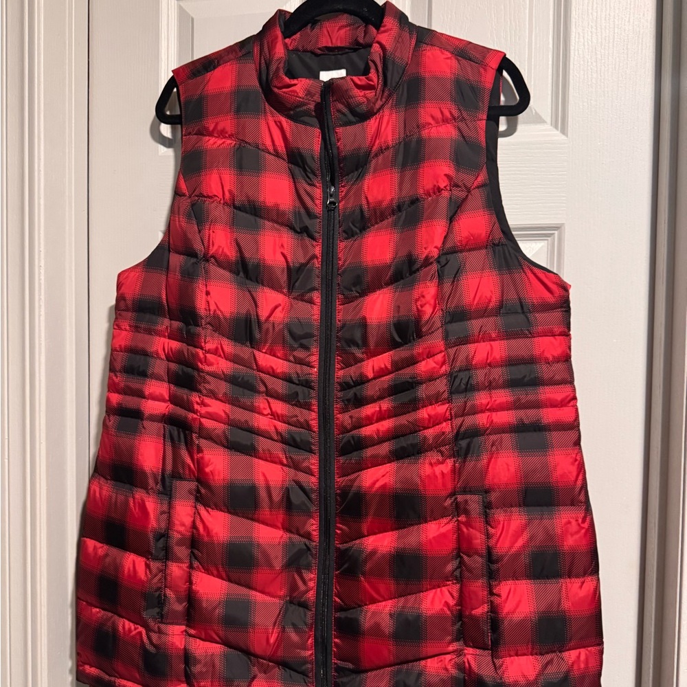 J. Jill Red and Black Plaid Quilted Puffer Vest